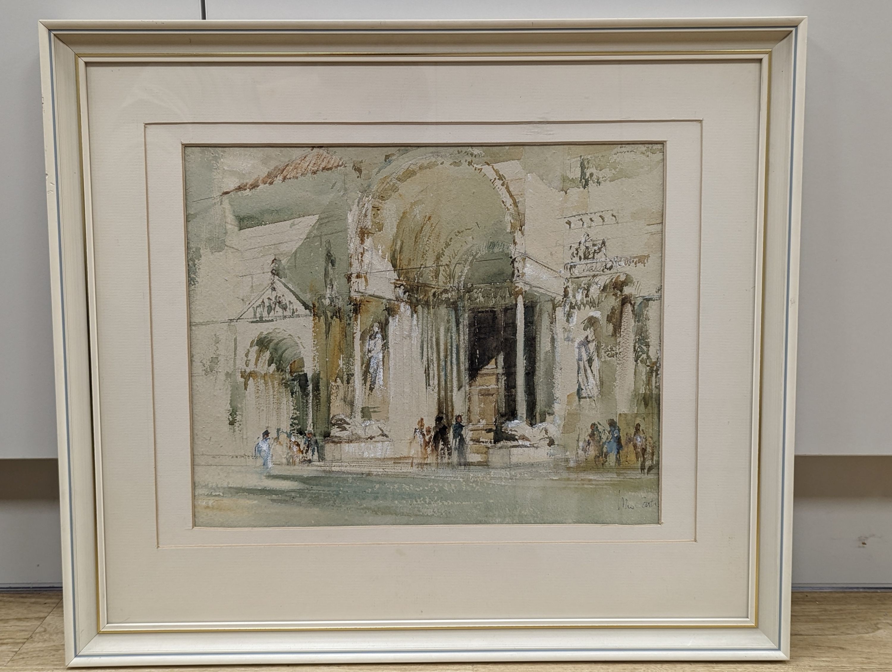 John Carter, watercolour, Cathedral entrance, Fidenza, signed with Exhibition label verso, 30 x 37cm